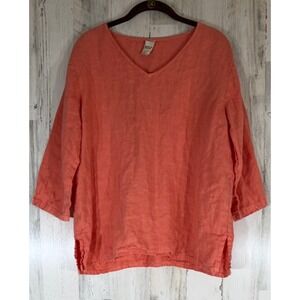 Match Point Linen Top Size Medium Coral Orange V-Neck 3/4 Sleeve Lightweight